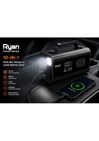 10in1 Akü Takviye Cihazı 2000a 150 Psı Dijital Lastik Şişirme Kompresörü Powerbank Led Fener Ry-p10