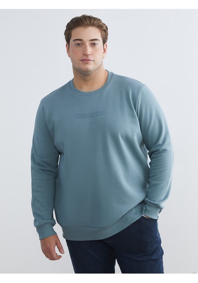 Lcwaıkıkı Classic İndigo Büyük Beden Bisiklet Yaka Baskılı Kalın Erkek Sweatshirt