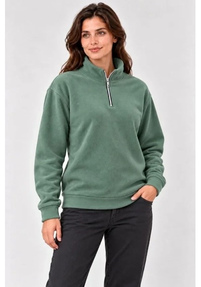 Zennamoda Polar Dik Yaka Yarım Fermuarlı Uzun Kollu Regular Fit Kışlık Sweatshirt - Mint Yeşili