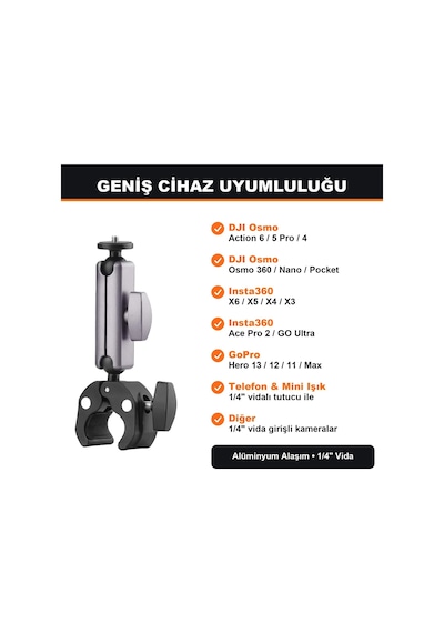 Newdaki Aksiyon Kamera Gidon Montaj Kelepçesi 360 Derece Alüminyum Bisiklet Motosiklet Tutucu Djı Osmo Action 6 Insta360 X5 Uyumlu Gri