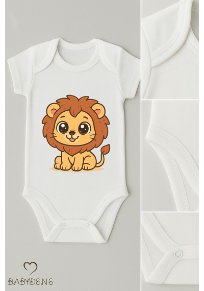 Babyden's %100 Pamuklu Sevimli Hayvan Figürlü Bebek Body Unisex Çıtçıtlı Kısa Kollu Zıbın Aslan Beyaz