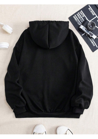 Baskısız Fermuarlı Hırka Sweatshirt - Siyah Oversize Kışlık Kalın Kapüşonlu Siyah