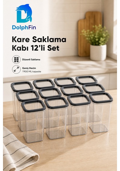 Kare Saklama Kabı 12'li Set Siyah 1900 Ml 11 11 24,5 Cm
