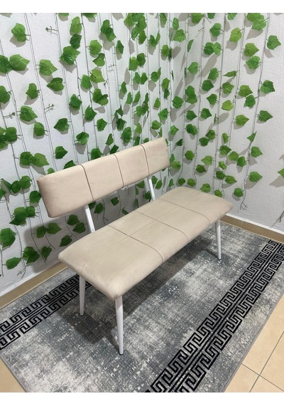 Özcan Metal Beyaz Metal Ayaklı Sırtlı Siyah Mutfak Salon Antre Yatak Odası Puf Bank Oturak Bench Bej