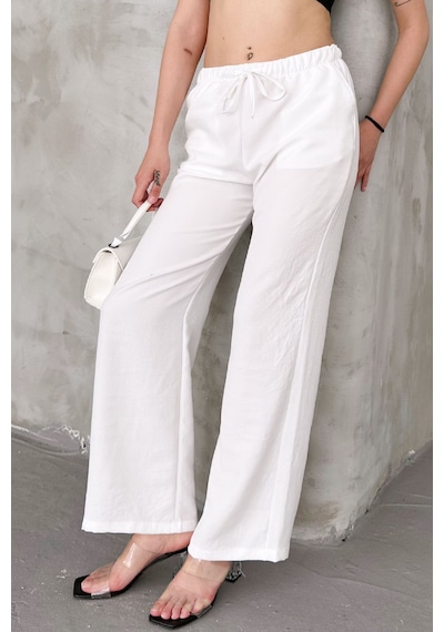HLT Jeans Beyaz Kadın Bel Lastik Detaylı İnce Dökümlü Baggy Keten Pantolon Emily-3021 Beyaz