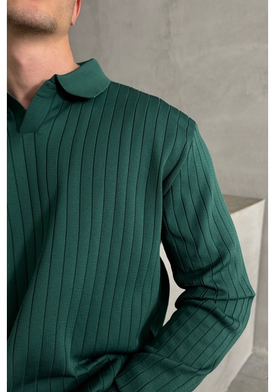 Erkek Polo Yaka Fitilli Oversize Triko Kazak Yeşil