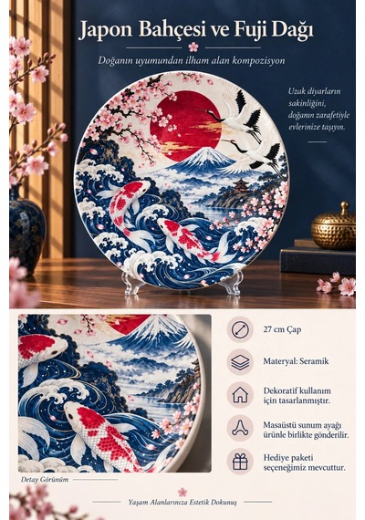 Dekoratif Duvar Tabağı - Japon Bahçesi Ve Fuji Dağı Desenli - Dekorlu Seramik Tabak