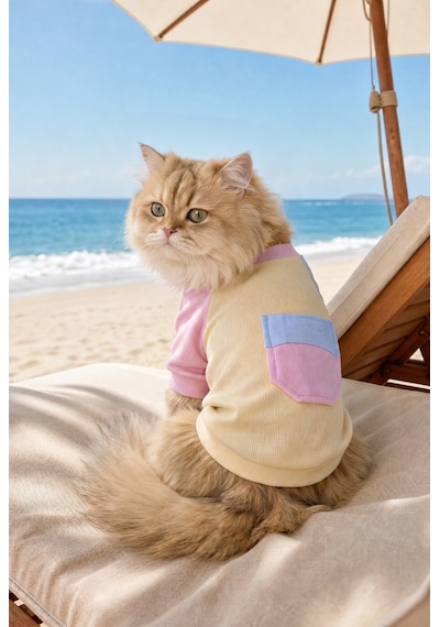 Soft Sun Kedi Tişörtü Cepli Şeker Renkli Yazlık Kedi Kıyafeti