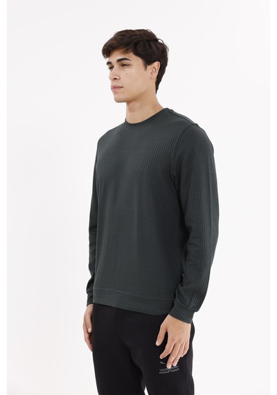 Rowinger Petek Yüzeyli Bisiklet Yaka Rahat Kalıp Lastik Manşetli Mevsimlik Sweatshirt Black