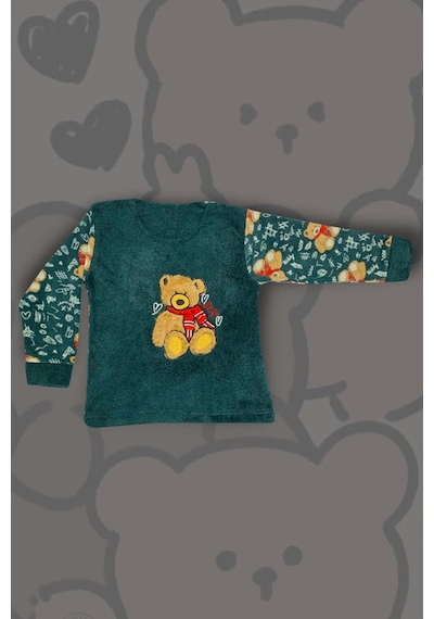 Kız Çocuk Göz Bantlı Peluş Polar Pijama Takımı Koyu Yeşil