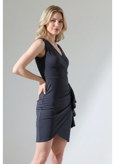 Defymoda Kadın Volanlı Mini Modern Tasarım Elbise Gri