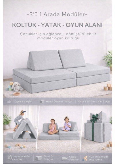 Katlanabilir Çocuk Koltuğu Yatak & Minder Çok Amaçlı Modüler Tasarım Antrasit