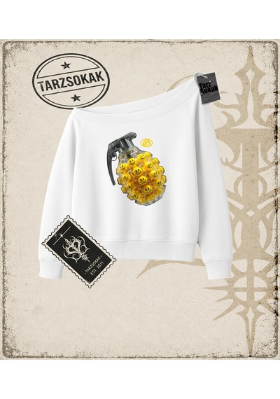 Tarzsokak Gotik & Grunge Streetwear Grenade Kayık Yaka Sweatshirt Beyaz