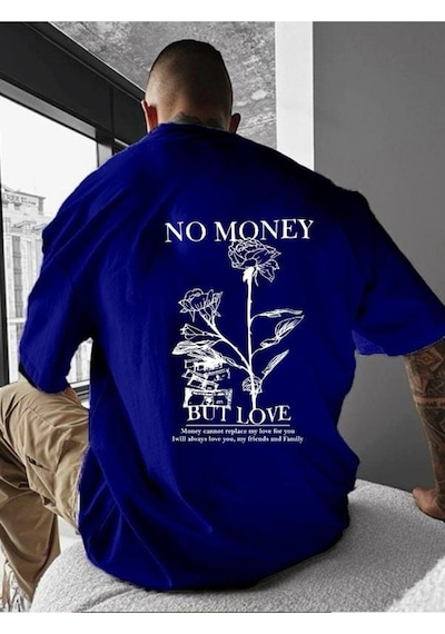 No Money Baskılı Oversize Tişört Saks Mavisi