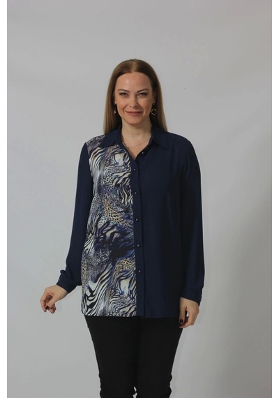 Moda Berray 2320 Leopar Desenli Şifon Gömlek Lacivert