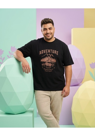 Büyük Beden Bisiklet Yaka Baskılı Erkek Tshirt Siyah