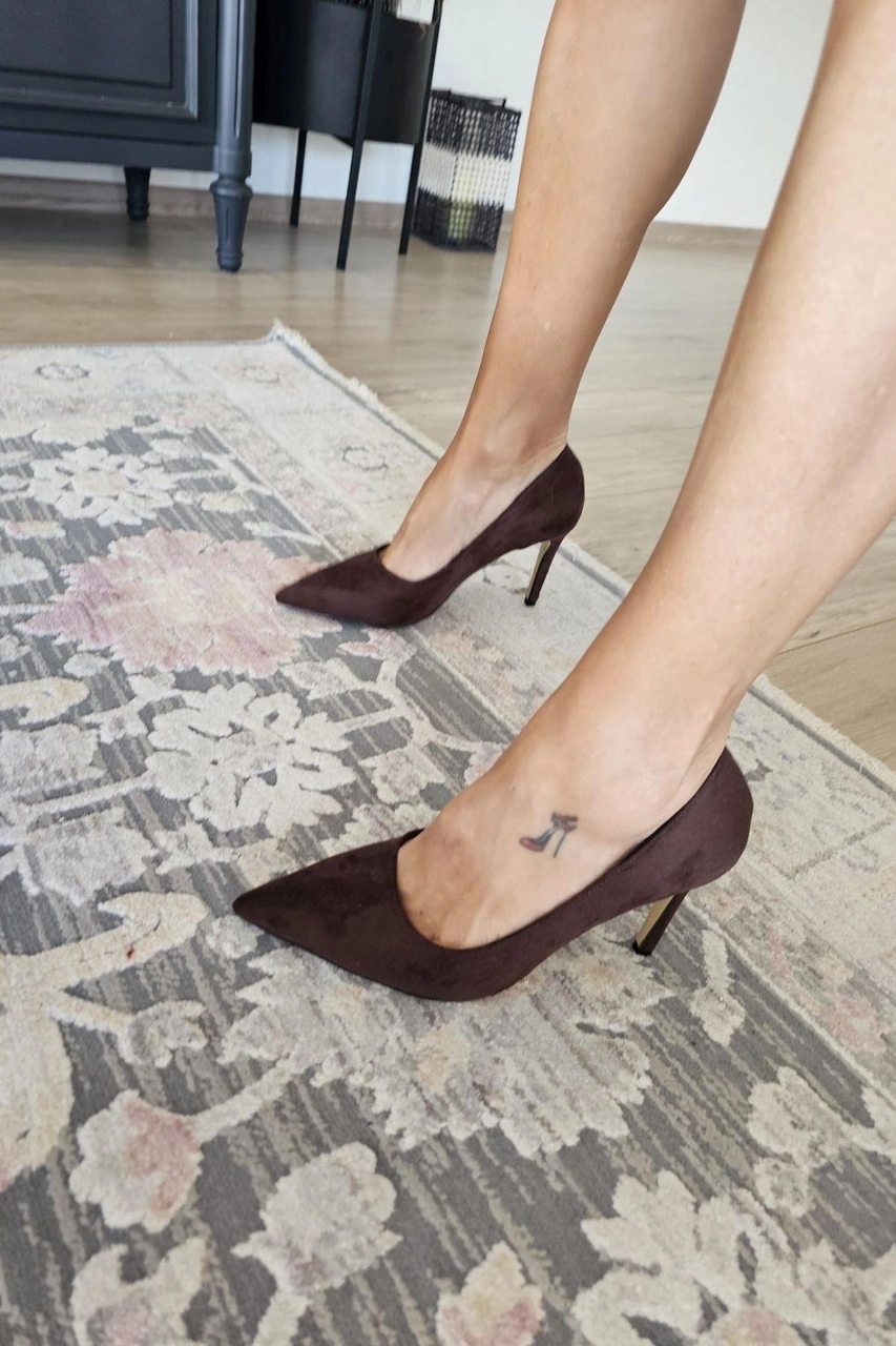 10 1814 Topukla Kadın İnce Topuklu Stiletto Ayakkabı Kahve Süet