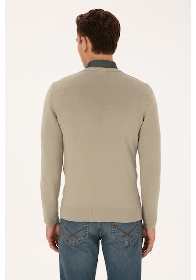 U.S. Polo Assn. Erkek Slim Fit V Yaka Haki Melanj Basic Triko Kazak 50313662-VR193