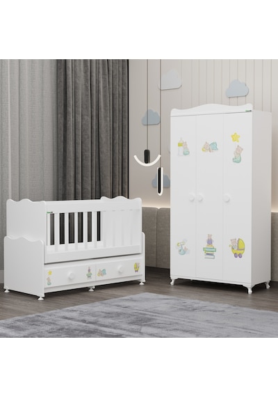 Elegant Beşik Ve Yıldız 3 Kapaklı Dolap - Ayıcık Beyaz