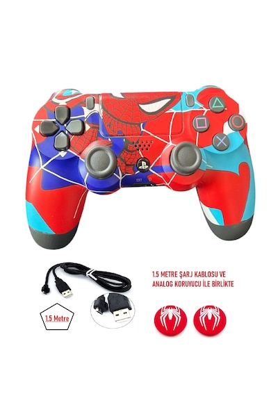 Playstation Dualshock 4 V2 Ps4 Oyun Kolu Kırmızı Örümcek Pc + Ps4 1.5mt Şarj Kablosu Ve Analog Koruyucu