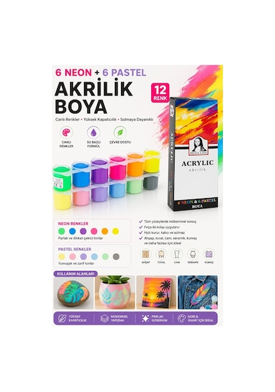 Neon Ve Pastel Akrilik Boya 12 Renk 1 Paket Monalisa 22 Ml 12 Li Akrilik Boya Resim Dersi Tuval Ahşap Taş Boya Seti Çok Renkli