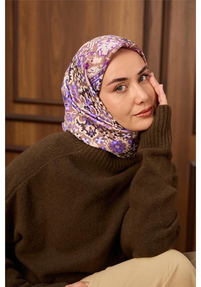 Silk Home Twill İpek Eşarp Vizon Mor Desenli Tok Duruşlu Kaymaz 90x90 Çok Renkli