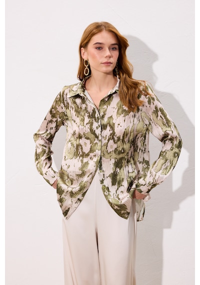 Sateen Desenli Düz Kesim Gömlek - Haki-136803 haki