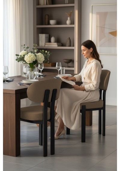 Canisa Dore Serisi 6 Adet Cappucino Babyface Kumaş Siyah Metal İskeletli Mutfak Sandalyesi Cappucino Sandalye Ayaklar Siyah