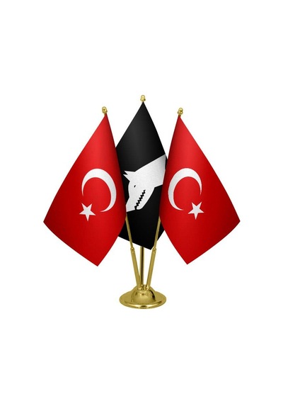 Masa Üstü Siyah Göktürk Bayrağı Türk Bayrağı Üçlü Pirinç Direk Ma