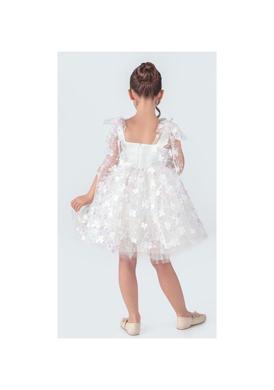 Mnk Baby & Kids Çiçek Brode Desen İmeros Kız Abiye M00736 Beyaz