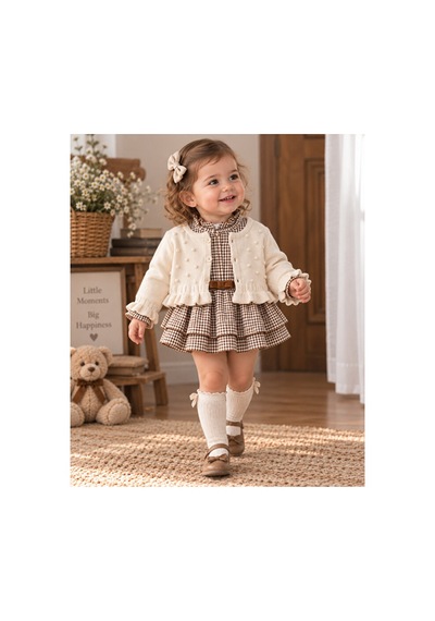 Ministok Amour Alttan Çıtçıtlı Kız Bebek Elbise Ve Hırka Takım Kahverengi