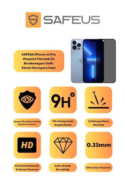 Safeus Tam Kaplayan Hayalet Parmak İzi Bırakmayan Safir Ekran Koruyucu Cam , Apple Uyumlu iPhone 13 Pro İle