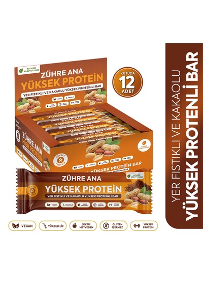 Yer Fıstıklı Ve Kakaolu Yüksek Proteinli Bar, Şeker İlavesiz 40 Gr X 12 Adet