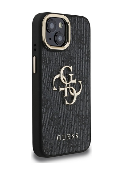 Apple Uyumlu iPhone 15 Kılıf Guess Lisanslı Metal 4g Ve Yazı Logolu Kamera Standlı Kapak Siyah