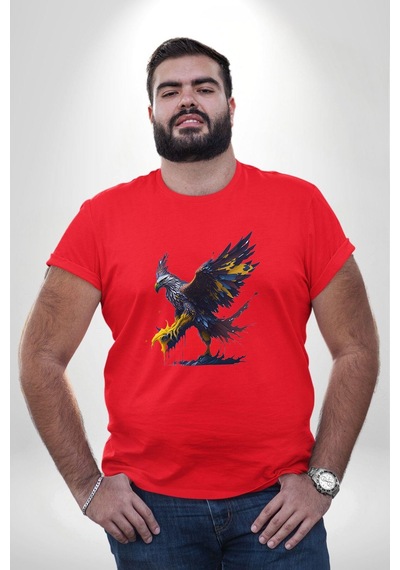 Angemiel Kara Kartal Sulu Boya Kırmızı Büyük Beden Erkek Kadın Unisex Basic Ön Baskılı Tişört Kırmızı