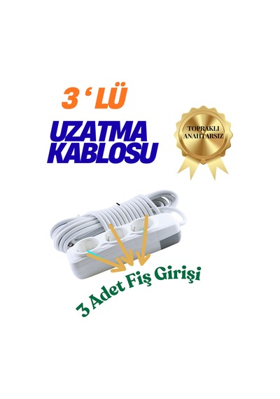 Klc 3'lü Grup Priz 2 Metre Topraklı Çocuk Korumalı Uzatma Kablosu Seyyar Kablo 3lü Priz 3lü 2m Beyaz 1 - 2 M