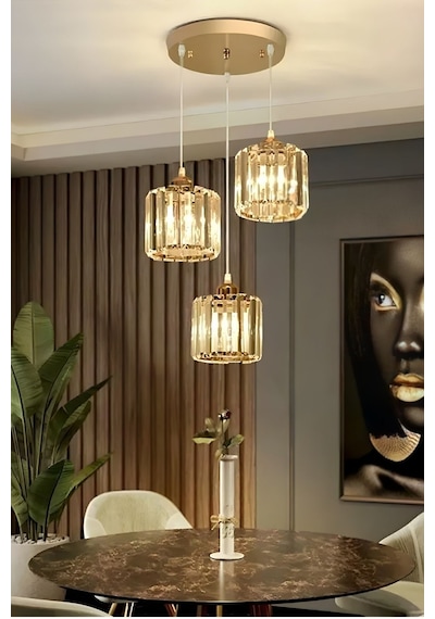 Radiosa Gold Renk Kristal Taşlı Dekoratif Modern Salon Mutfak Hol Oda Antre Üçlü Sarkıt Avize Gold