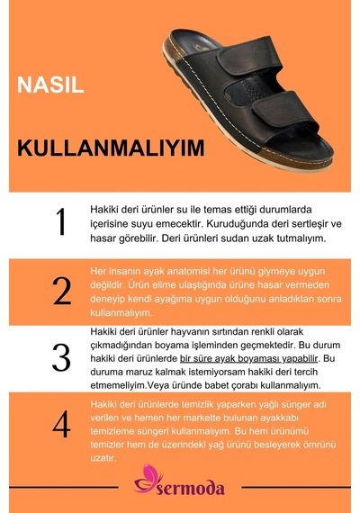 Sermoda Hakiki Deri Erkek Terlik Çift Cırt Bantlı Ortopedik Rahat Taban Günlük Terlik Cm Siyah