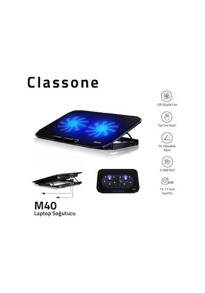 M40 Gaming Laptop Soğutucu Notebook Standı, Mavi Led,14-15.6-17 İnch Uyumlu, 2 Fan, 2 Usb
