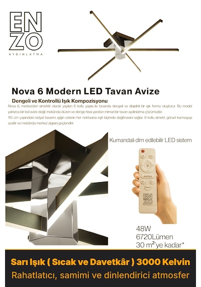 Nova 6 Silver Led Tavan Avize Kumandalı Dim Edilir Aşağı Işık Sarı Işık