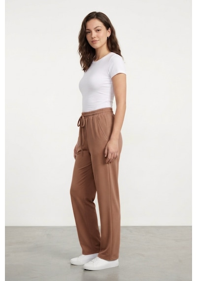 Genius Store Kadın Pantolon Beli Lastikli Cepli Rahat Kalıp Kadın Spor Pantolon Vizon