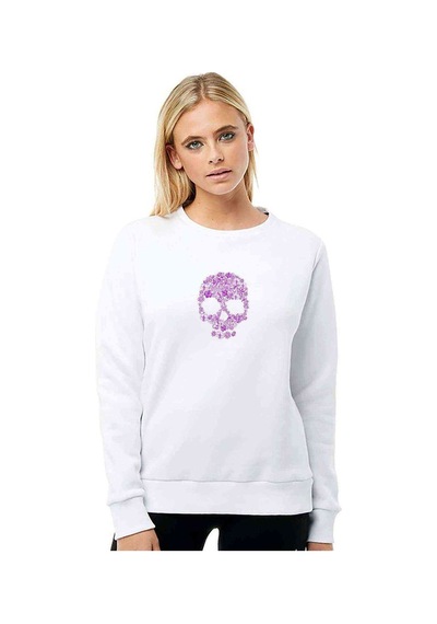 Skull Kurukafa Baskılı Beyaz Kadın Sweatshirt