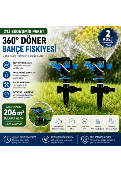 2'li 360 Derece Döner Bahçe Fıskiyesi Seti Ayarlanabilir Çim Sulama Sprinkleri Bahçe Sulama Aparatı