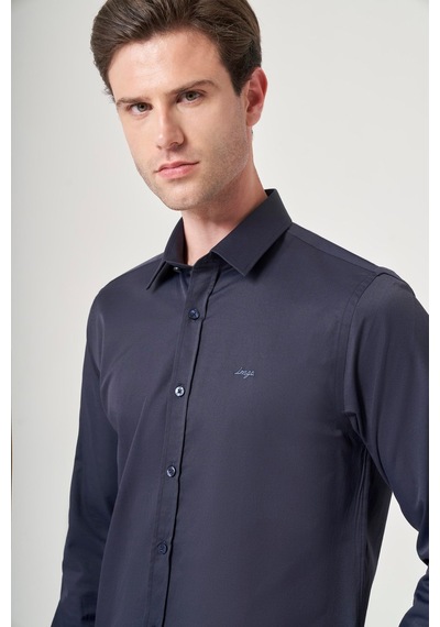 İmza Lacivert Sert Yaka Uzun Kol Cepsiz Slim Fit Pamuklu Gömlek 1004260213 Koyu Lacivert