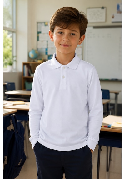 Beniizle Unisex Çocuk Uzun Kollu Polo Yaka Okul Tişört Beyaz