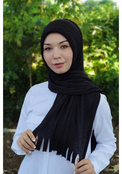 Moda Mevsimi Pratik Piliseli Pamuk Hazır Şal Siyah Siyah