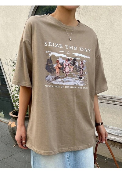 Flood Of Style Kadın Kahverengi Seize The Day Baskılı Oversize T-shirt