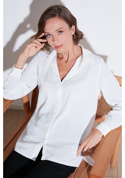 Lela Regular Fit Önü Kısa Arkası Uzun Düz Bayan Gömlek 611Go020 Ekru