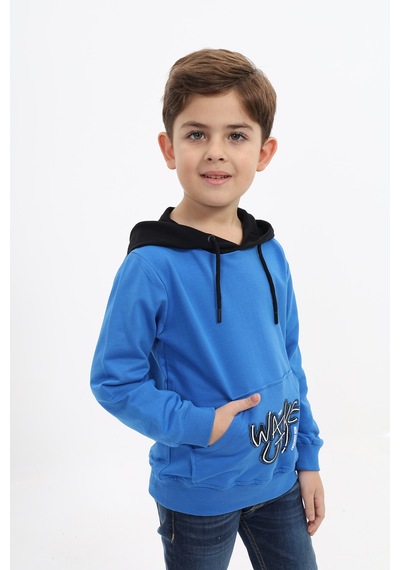 Toontoy Kids Toontoy Erkek Çocuk Relax Fit Kapüşonlu Cepli Renk Bloklu Baskılı Sweatshirt - 2 İplik Saks