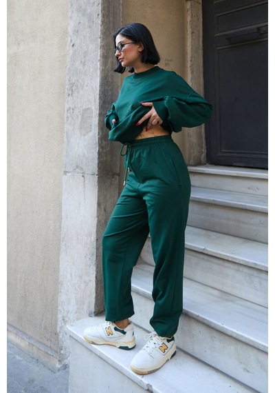 Mezka Regular Fit 2'li Takım Sweatshirt Beli Lastikli Jogger Eşofman Altı Yeşil